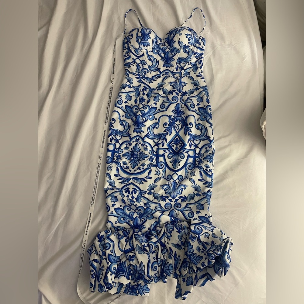 Royals blue porcelain print bodycon ruffled midi dress
